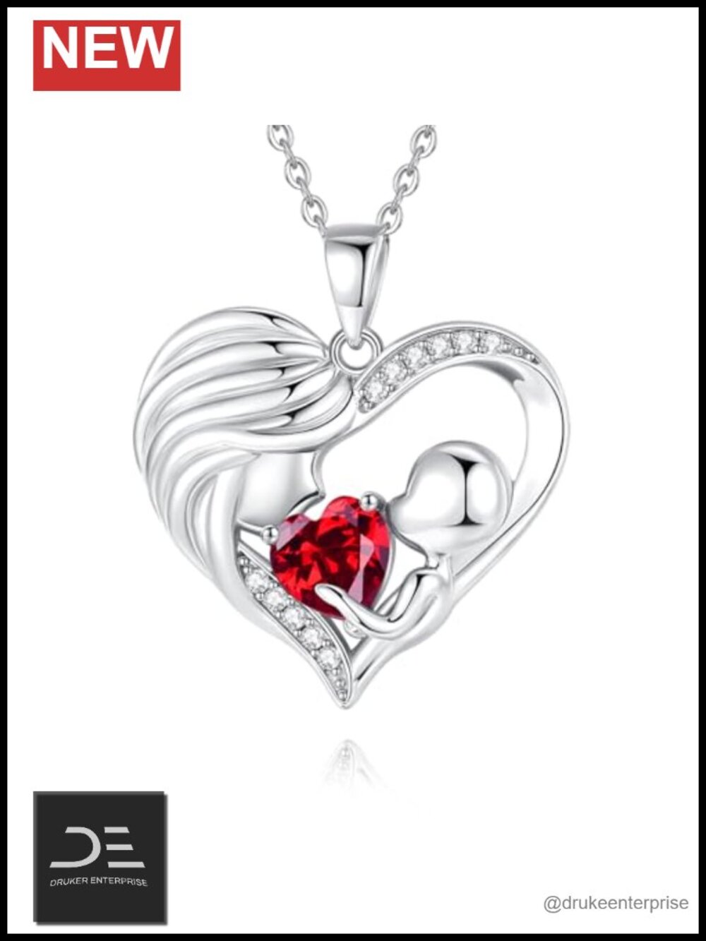 Sterling Silver Mom Birthstone Necklace, Heart Pendant, 18 inch Chain, Gift for